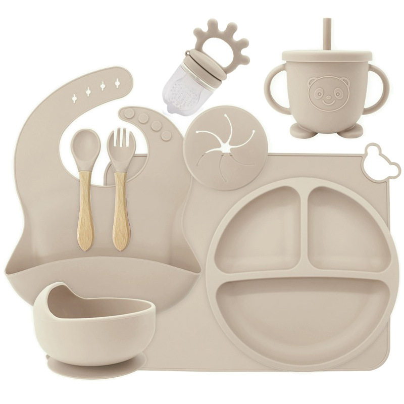 Juego de vajilla de silicona de una pieza, juego de diez piezas, plato de alimentación complementaria para bebés de seis meses, tazón de alimentación independiente para bebés