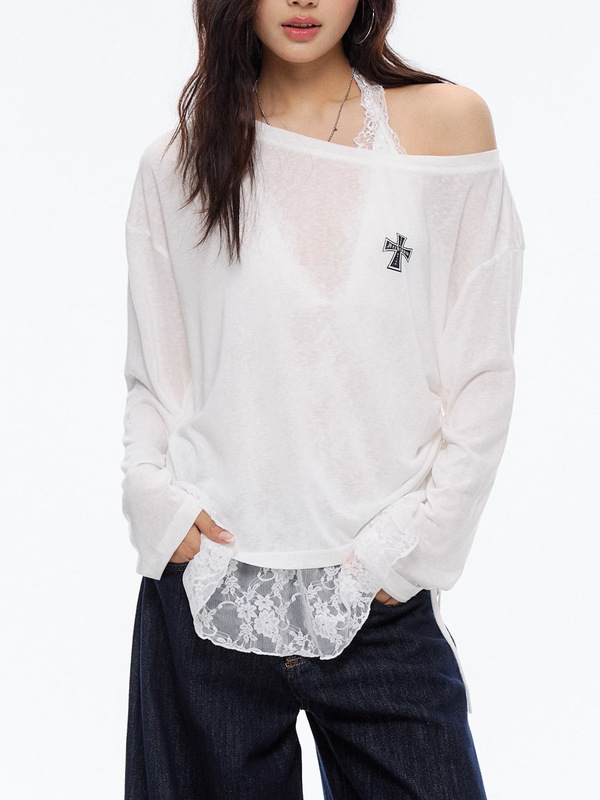 Archiv Lyocell Tencel Slanted Shoulder One-Shoulder Cross Logo Slimming Look Sun Protection Blouse Long-Sleeved Top for Women