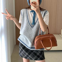 韩系学院复古风V领叠穿针织马甲女2025秋冬新款百搭背心上衣 1235