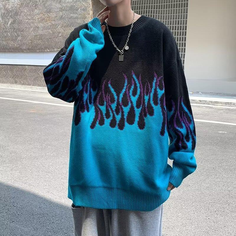 2025 Hong Kong Style Retro Design Sense Gradient Flame Jacquard Hip-Hop Sweater Men's and Women's Loose Lazy Top Knitted Sweater