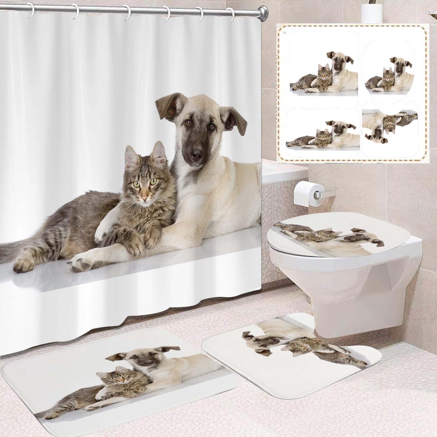 Fuente de fabricantes Amazon animales gatos niños cortina de ducha impermeable a prueba de moho cortina de ducha inodoro partición de baño divertido