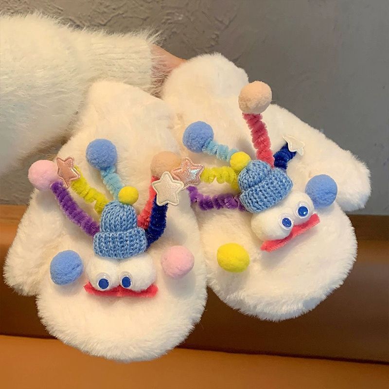 Plush warm winter plus plush funny female gloves for students, thick furry and cute outdoor cold protection cartoon_voghion.com