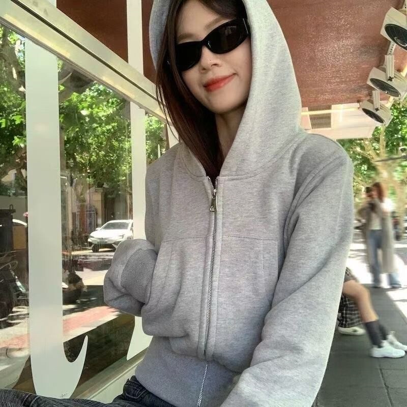 灰色短款连帽加绒加厚卫衣外套女秋冬新款上衣时尚穿搭开衫欧美潮|undefined