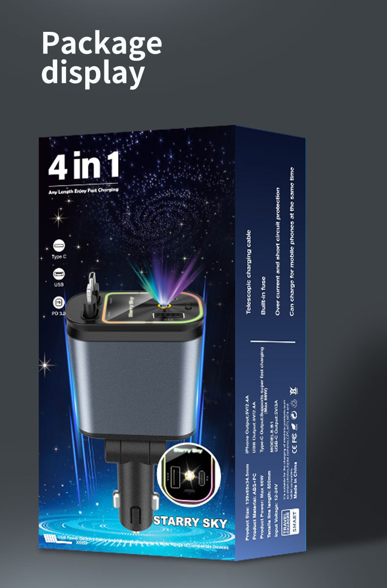 Cross-Border Car Charger Four-In-One Starry Sky Projection Retractable Data Cable Car Charger Super Fast Charging Full Protocol