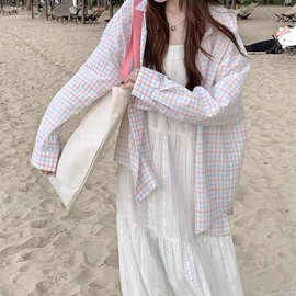 格子防晒衬衫女春夏韩版气质宽松设计感长袖衬衣外套
