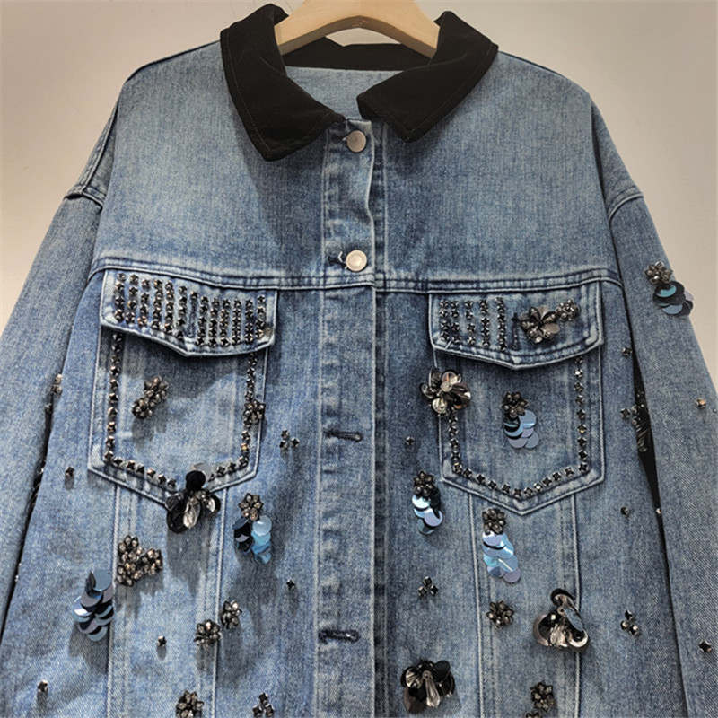 American simple High Street con solapa chaqueta de vaquero 2026 primavera suelta retro pesada con cuentas de clavos decoraciones de manga larga