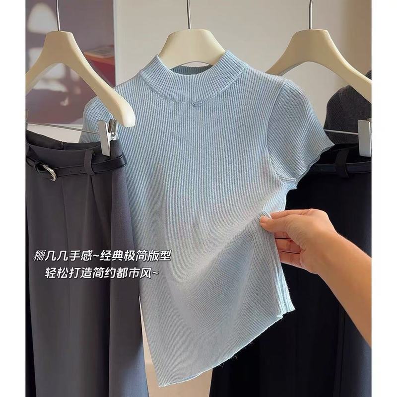 2025年半高领针织正肩短袖女新款早秋高级感显瘦洋气内搭打底衫潮|undefined