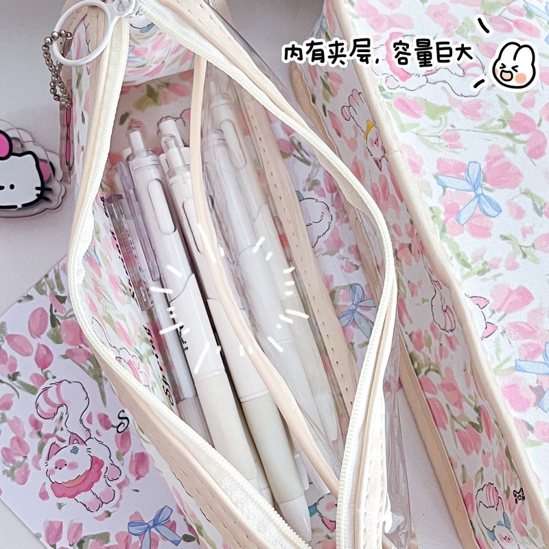 新品チューリップ子猫透明ペンケースins乙女心二重大容量学生高颜値文房具収纳|undefined
