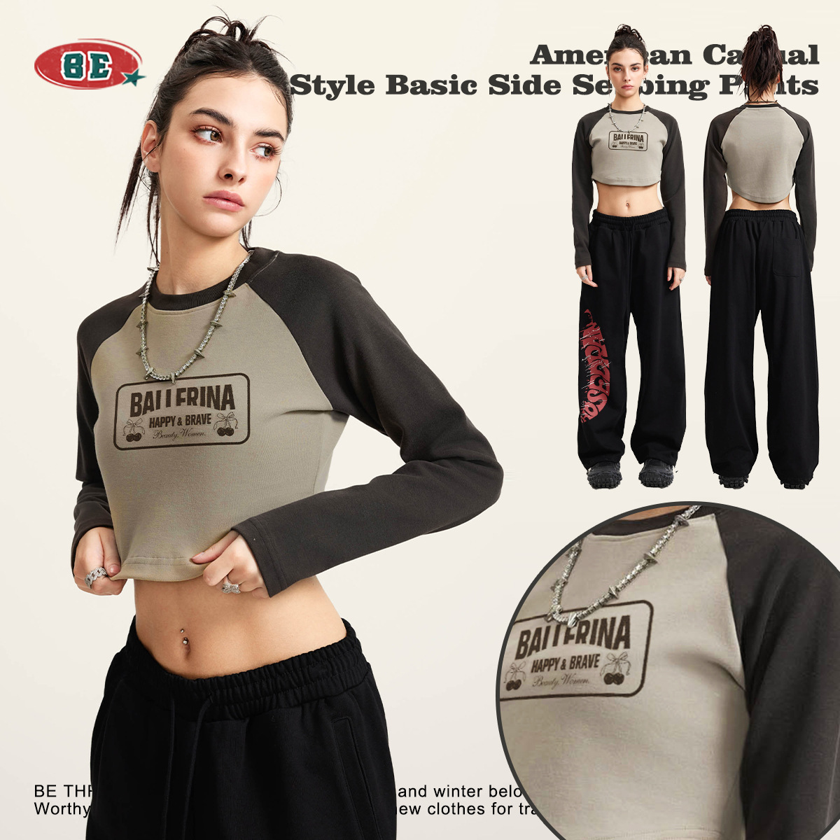 BE ropa de mujer | 2025 otoño e invierno retro americano marca de moda raglán estampado de contraste camiseta de manga larga chica caliente blusa corta mujer image 3