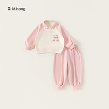宥宝童装女童套装粉色女孩子运动装polo领上衣束脚裤儿童三件套
