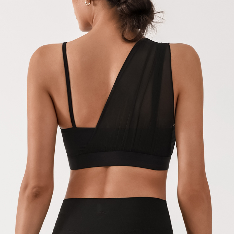 Sujetador deportivo transfronterizo para mujer con almohadilla para el pecho Yoga entrenamiento de fitness costura de malla color de contraste alta elasticidad secado rápido nude sujetador