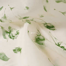 半透飘逸 新中式米白色底绿色印花欧根纱布料衬衫半身裙面料A