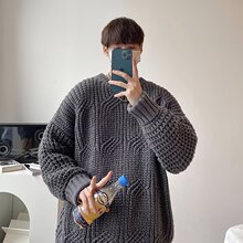 春秋粗线毛衣男女保暖宽松大码潮复古日系慵懒圆领打底内搭针织衫