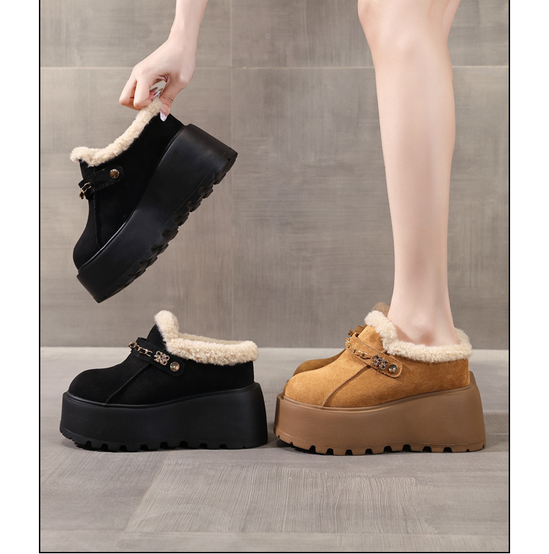 Dép lông giữ ấm mũi kín đế dày tăng chiều cao trong, phong cách Birkenstock thu đông — màu đen chi tiết 20