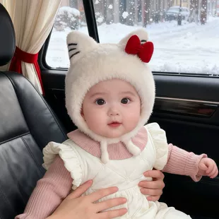 Вязаная шапка с ушками зимняя утеплённая плюшевая