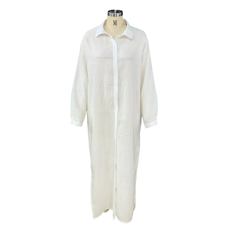 Fall Women Clothing Solid Color Loose Lapels Mid Length Cotton Linen Shirt Dress