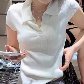 2026春季新款老钱风小v领polo针织衫女一粒扣翻领短袖T恤正肩上衣