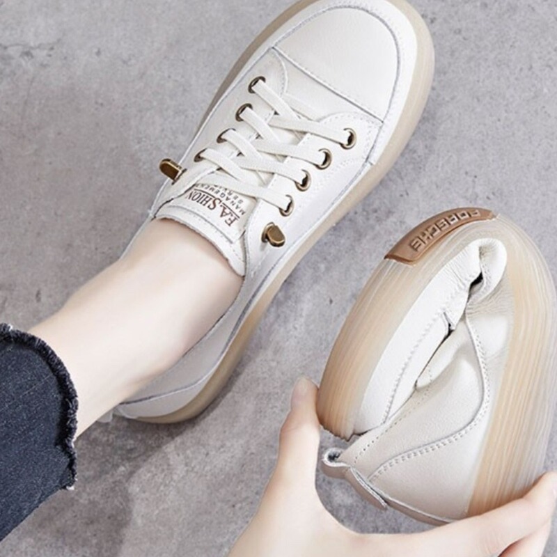 Top layer cowhide tendon bottom flat casual women's sports casual white women's board shoes Top layer cowhide tendon bottom flat casual women's sports casual white women's board shoes