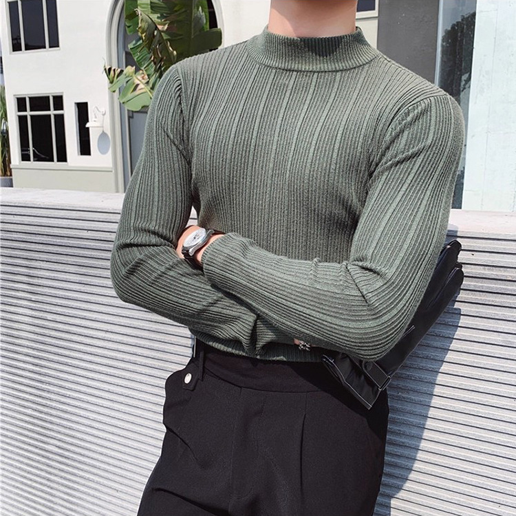 Camiseta de punto de cuello de media altura camiseta de manga larga hombre viejo dinero estilo de negocios delgado color sólido en primavera y otoño fábrica transfronteriza al por mayor