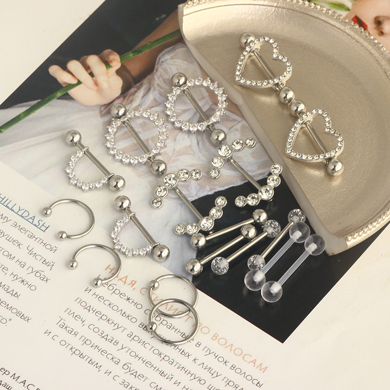Stainless Steel Zircon Ring 9 Pair Set Heart Shape Nail Tongue Piercing Jewelry detail image 8