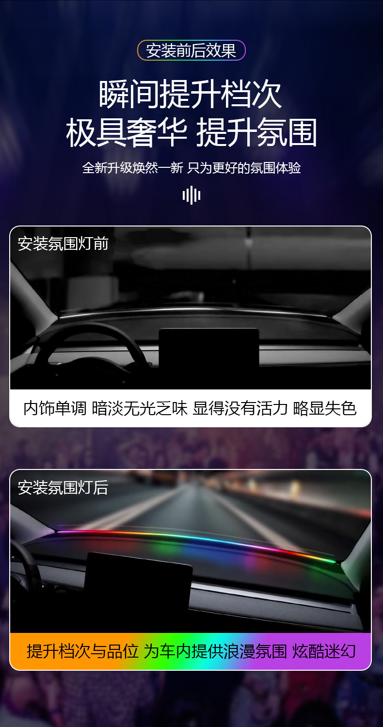 Cuddle-Style Front Windshield Ambient Light, Colorful Central Control Ambient Light, Universal Led Car Interior Modification Light