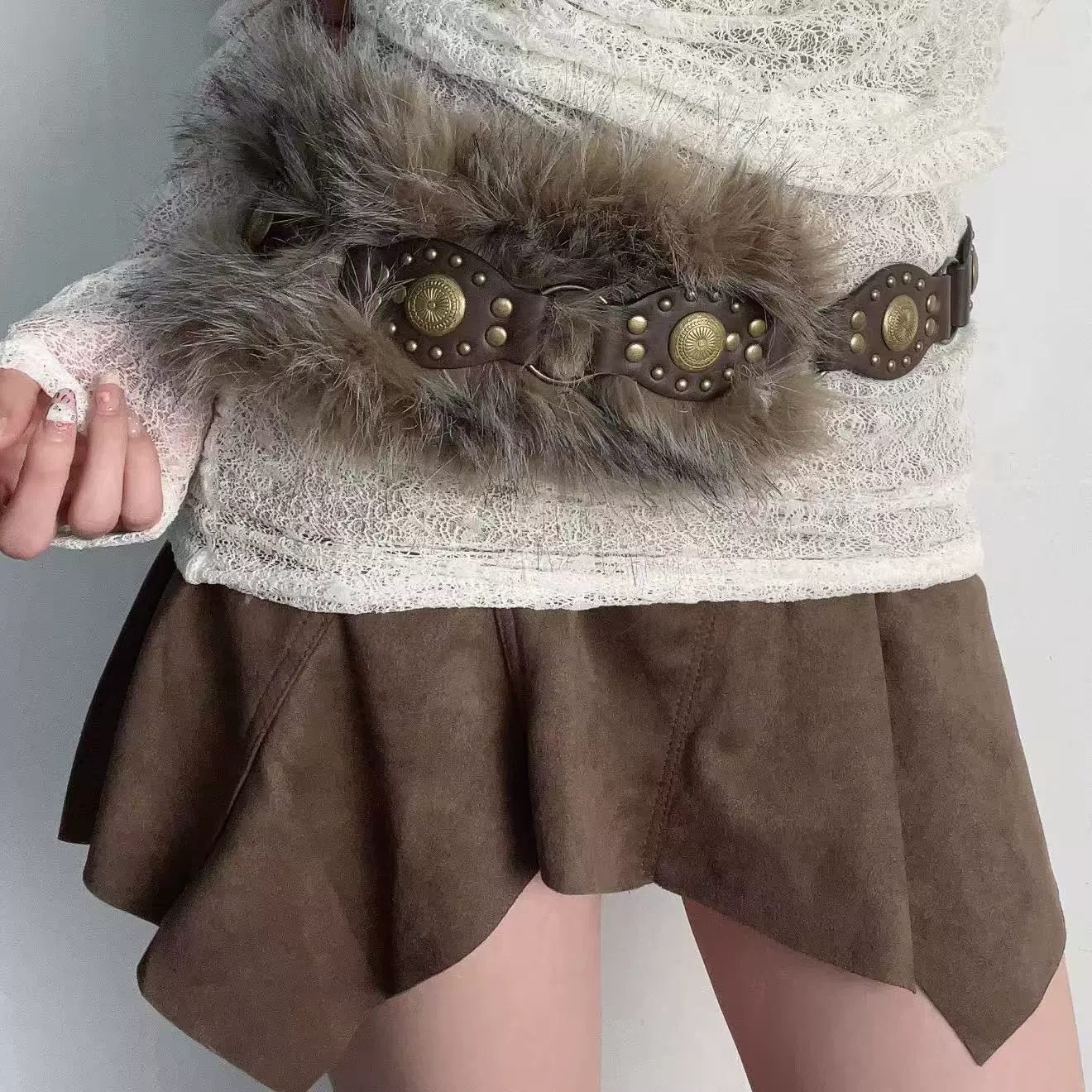 美式复古毛绒腰带y2k甜酷辣妹铆钉拼接皮带朋克嘻哈小众腰部配饰