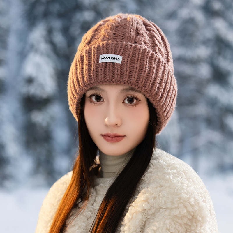 帽子女秋冬布标彩色豆豆针织帽显脸小韩版百搭防寒保暖护耳毛线帽|undefined