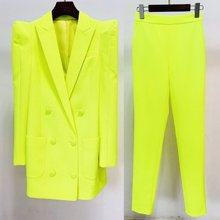 Spot 2025 New European and American Fashion Personalized Silhouette Shrug Double-Breasted Mid-Length Suit Jacket Fluorescent Yellow
