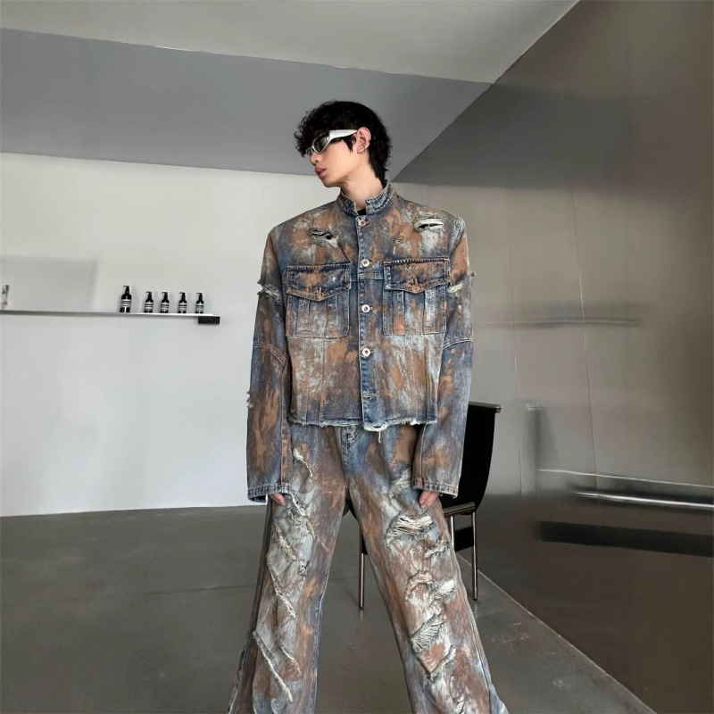 Nostalgic suit Vintage Antique Washed Ripped Denim Jacket Men's Spring and Autumn Jeans American Style Work Jacket for Men