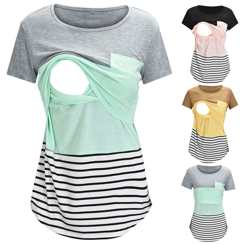 2022 European and American AliExpress Amazon summer short sleeve round neck pocket stitching Striped maternity nursing top 2022 European and American AliExpress Amazon summer short sleeve round neck pocket stitching Striped maternity nursing top