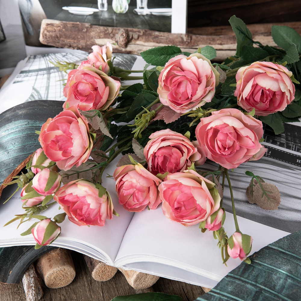 廠家玫瑰批發多頭玫瑰花仿真花出口家居裝飾婚慶假花GF14203