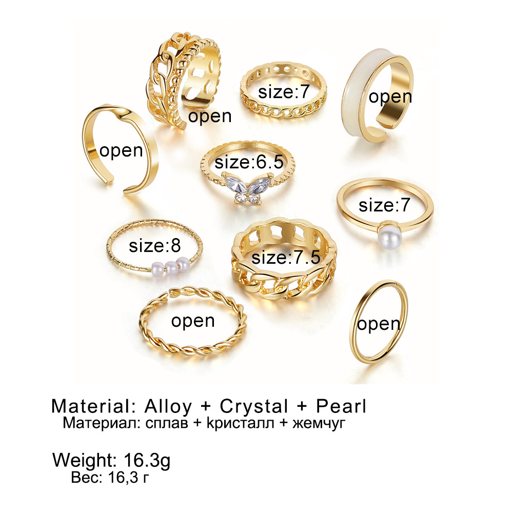 Adjustable Ring Size 10 Pieces Quantity Daily, Shopping Occasion Simple Style Geometric Alloy Plating Inlay Artificial Pearls Rhinestones Women's Open Ring