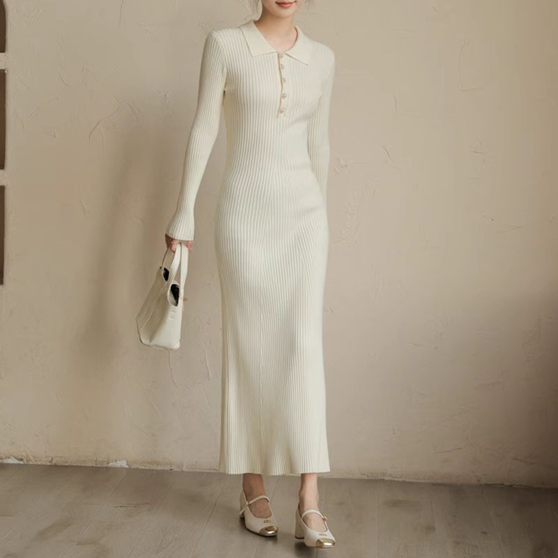 French Retro Lapel Knitted Dress Women's Autumn Winter Long Slim Sweater Skirt
