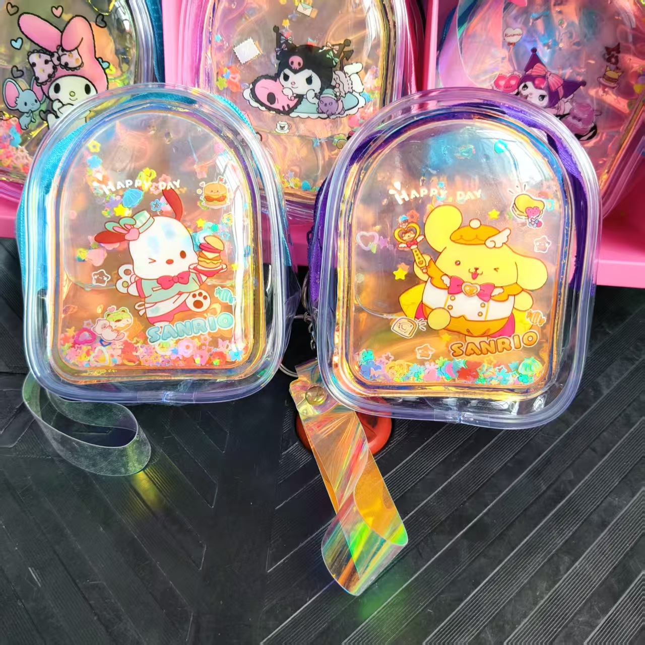 Simulación mini mochila de arena flotante, mochila de cambio infantil, mochila de cambio transparente y linda, mochila de decoración para niñas al por mayor