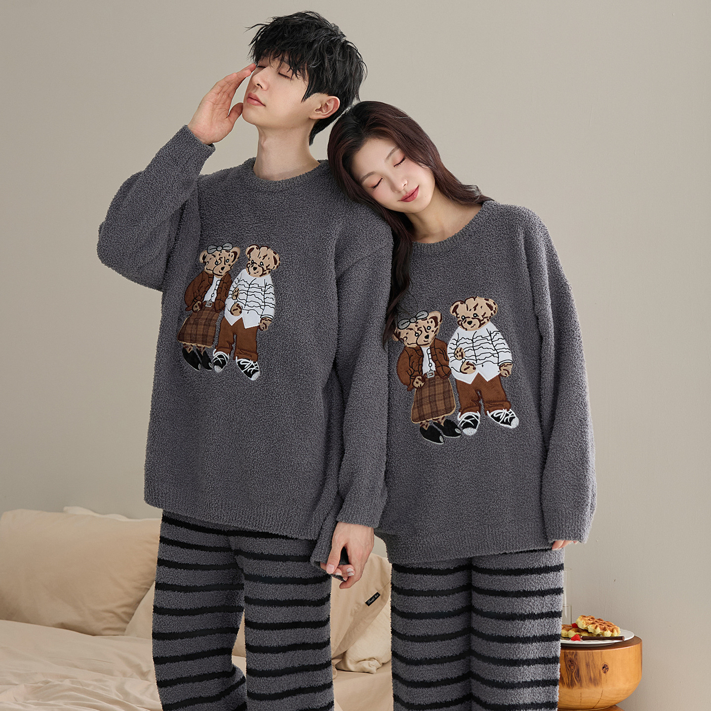 Couple Pajamas Women's Winter Half Velvet Fleece-Lined Thickeneded Cartoon Cute Men's Loose Autumn and Winter Home Wear Set