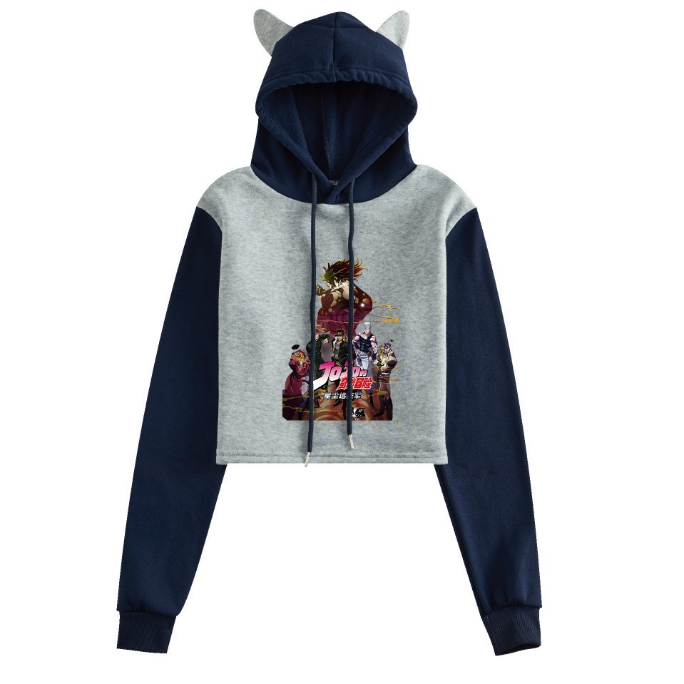 亚马逊跨境日本动漫 JOJO的奇妙冒险时尚印花女式猫耳朵拼色卫衣