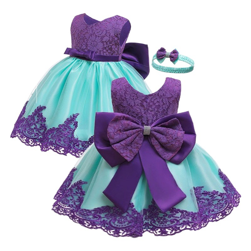 Amazon AliExpress vestido del bebé del bowknot color a juego vestido mullido vestido de malla en stock suministro directo