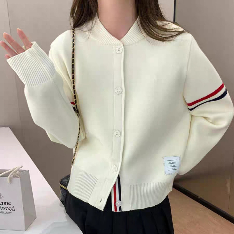 设计感双袖撞色条纹立领针织开衫女气质上衣短外套棒球服|undefined