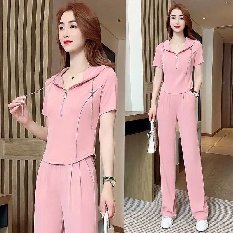 Casual Sports Suit Women's Summer Thin 2025 New Fashion Foreign Style Slim Ice Silk Wide Leg Pants Two-Piece Set