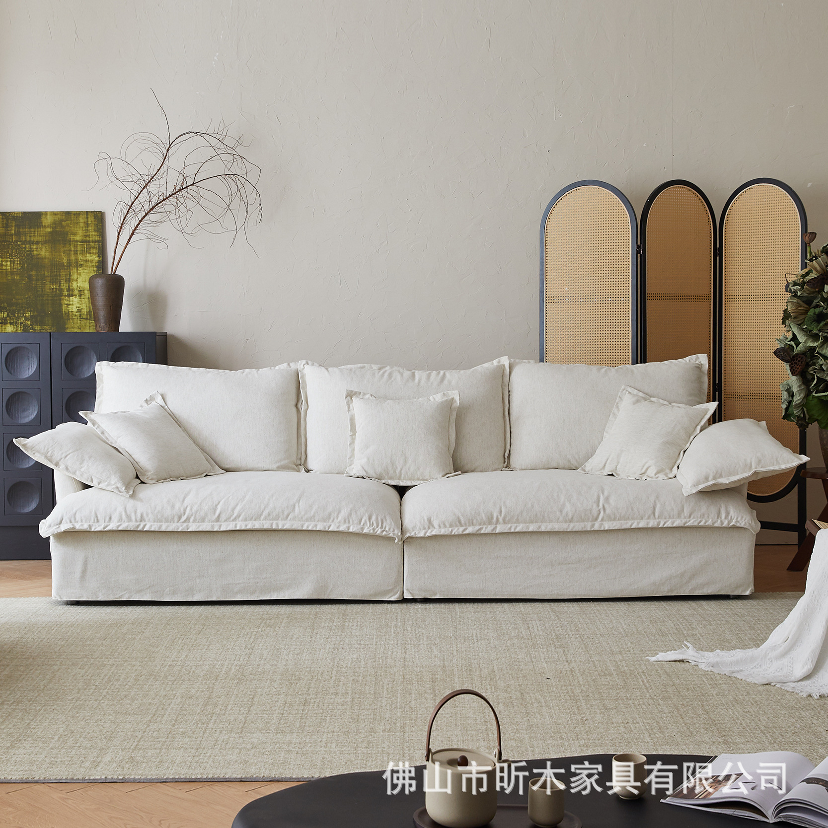 Autumn Pool Sofa Cotton Linen Fabric Small Apartment Living Room Mid-Century Style Cloud Sofa Straight Row Removable Washable Sofa