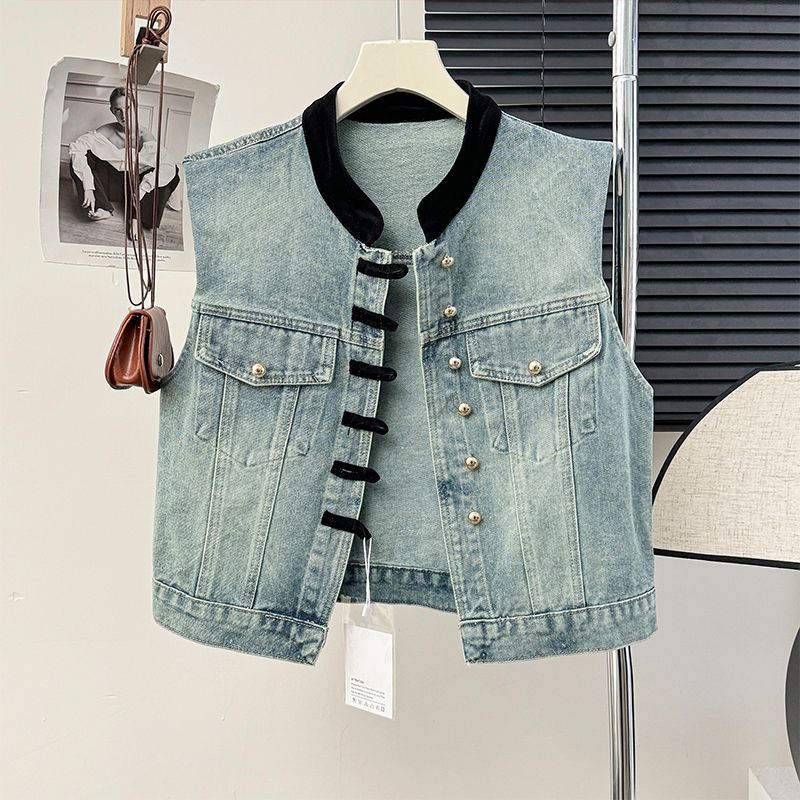 Vintage Chinese-Style Patchwork Stand Collar Distressed Denim Jacket Vest for Women, New Summer Street Fashion Versatile Vest Trendy