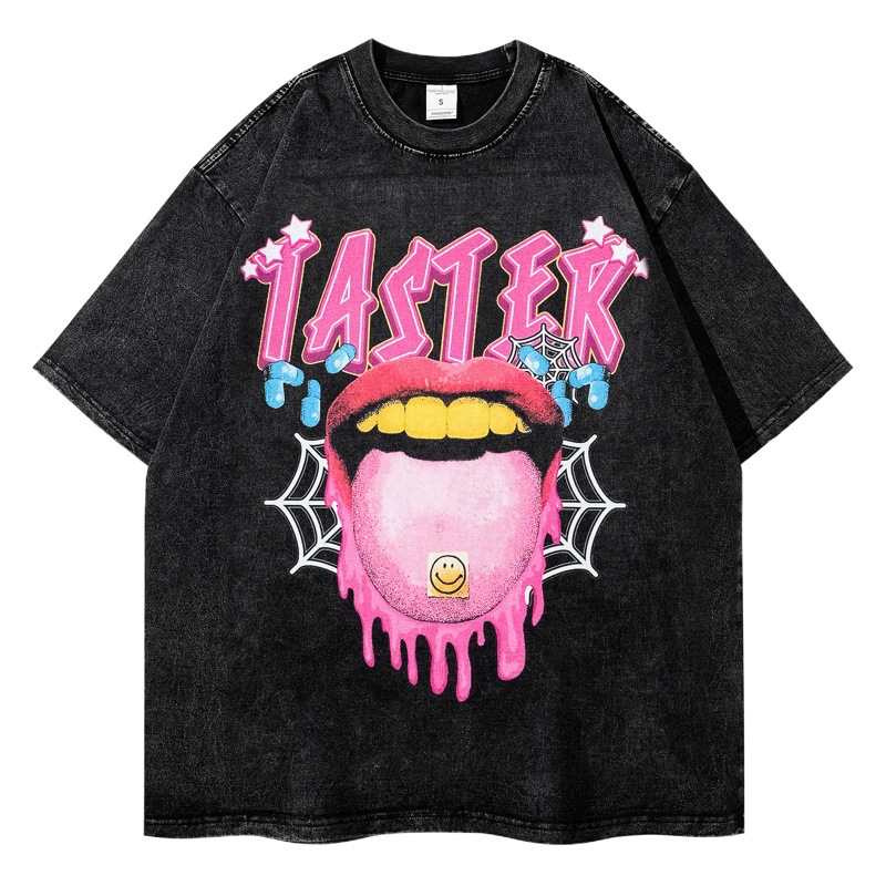 Diversión creativa gran lengua impresa camiseta lavada verano nueva marca de moda hip hop suelta manga corta Camiseta hombres marca de moda estilo americano