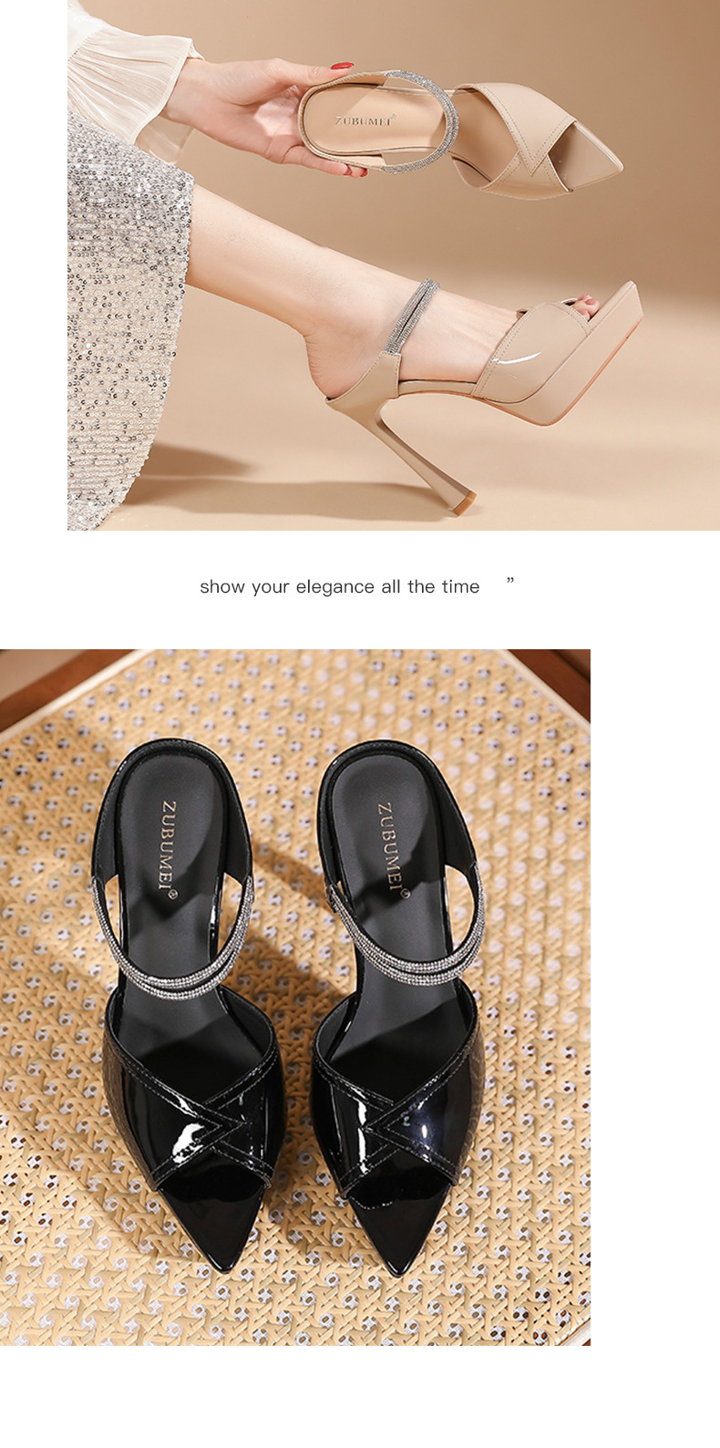 Sandal cao gót nữ mũi nhọn hở mũi đế platform gót 12 cm đính đá pha lê — Màu da-12cm chi tiết 6