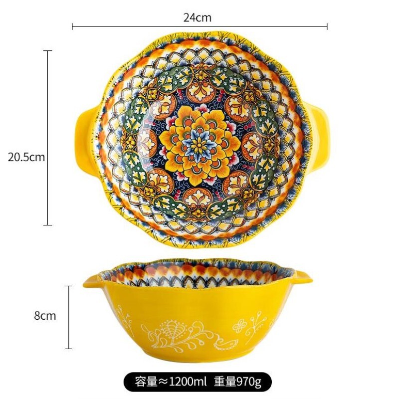 黄金時代 - 9inch 耳付きレーススープボウル、下絵付けカラー、宮殿スタイル、高価値セラミック、日常家庭用食器|undefined