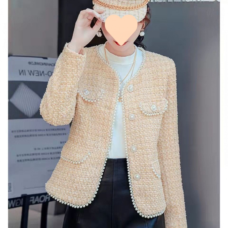 气质名媛粉色小香风外套女春秋装小个子感粗花呢法式短款上衣