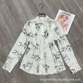 老钱风马印花真丝混纺衬衣宽松长袖桑蚕丝衬衫女春秋上衣气质时尚