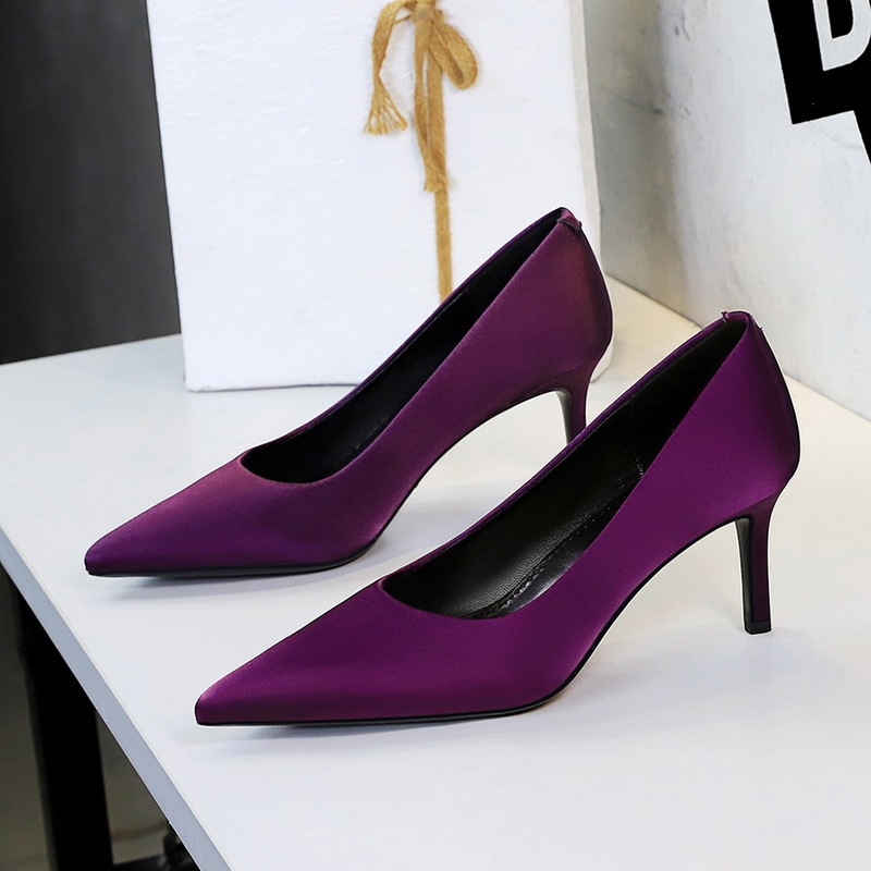 8358-A Stiletto High Heels Women's Shallow Mouth Silks and Satins Versatile Ol Simple Professional Work Shoes Elegant Pointed Toe Shoes