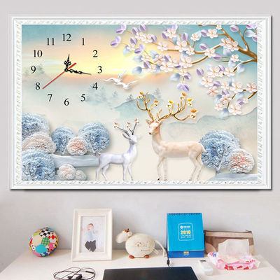 贴钻十字绣2021新款钻石画满钻钟表钻石发财麋鹿发财树钻石绣餐厅|ms