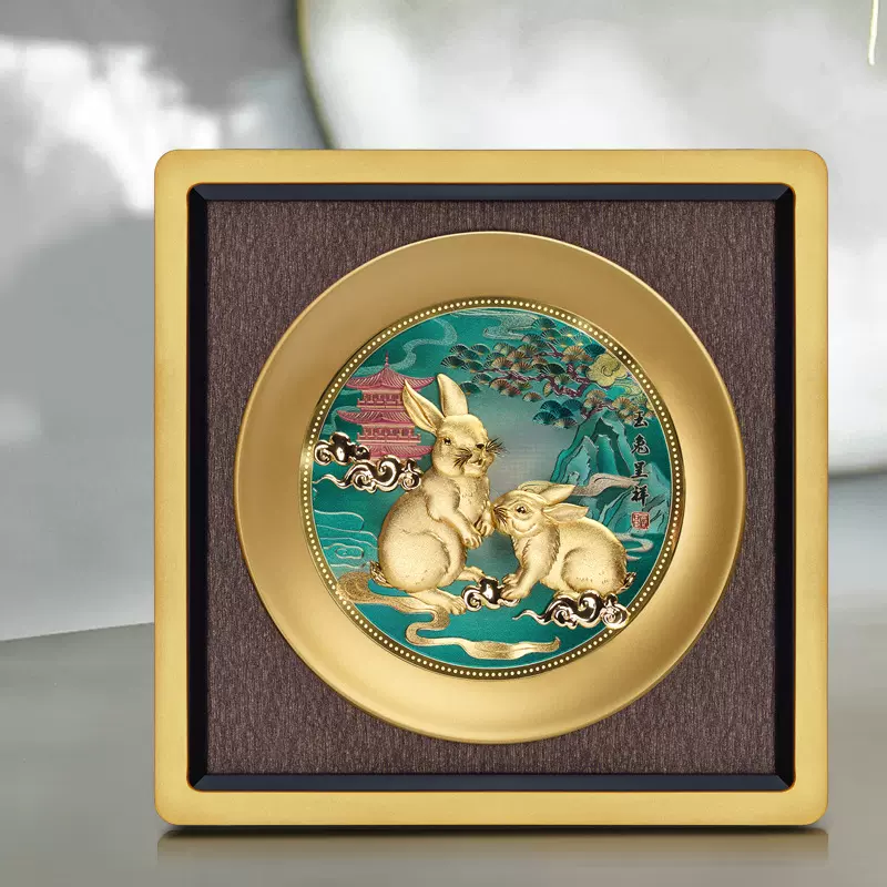 兔年招财摆件乔迁新居公司开业玉兔呈祥足金金箔工艺画新年会礼物