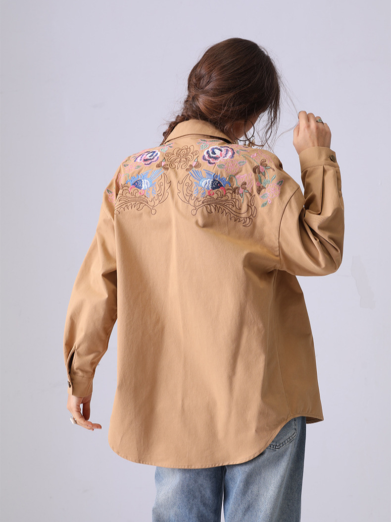 Europa y Estados Unidos retro bordado camisa de trabajo mujer abrigo de manga larga con solapa suelta primavera y otoño nuevo estilo de moda versátil chaqueta